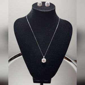 Sterling Silver Halo CZ Earrings & Necklace Set | 925 Stamped